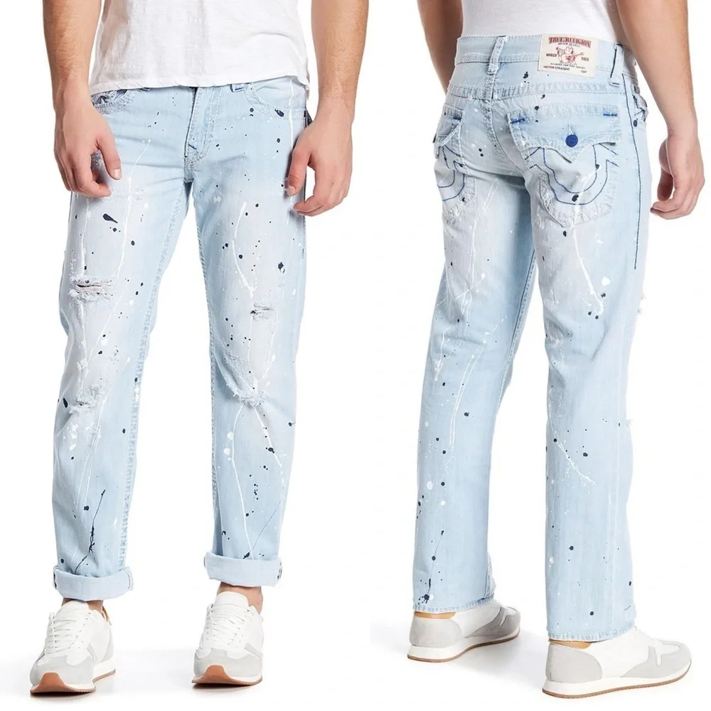 True Religion Light Blue Paint Splatter Acid Wash Straight Leg Jeans 34” x 32”